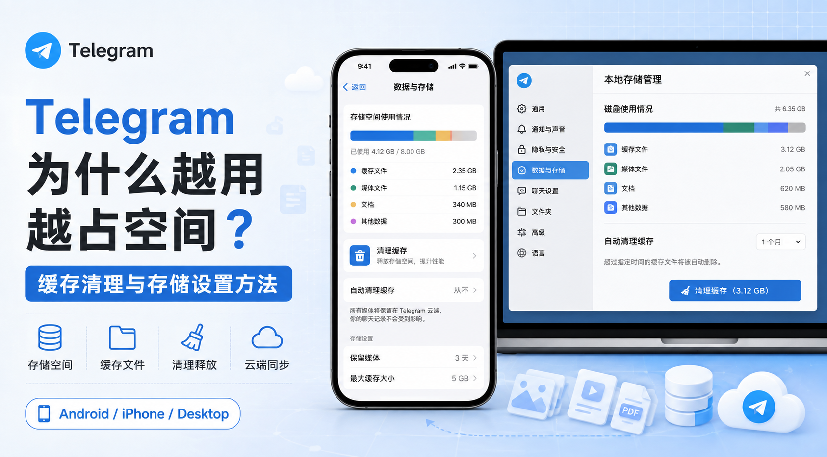 Telegram电报教程: Telegram 为什么越用越占空间?缓存清理与存储设置方法