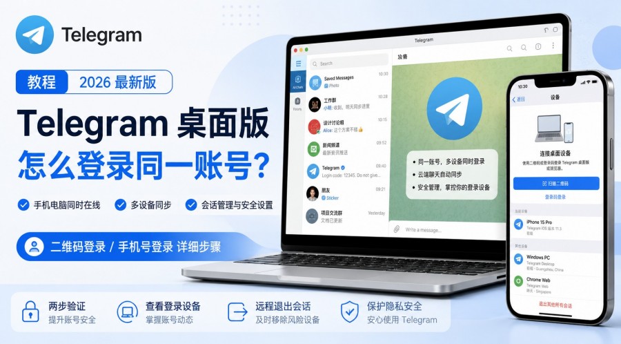 Telegram电报教程: Telegram 桌面版怎么登录同一账号?电脑登录、同步与设备管理教程