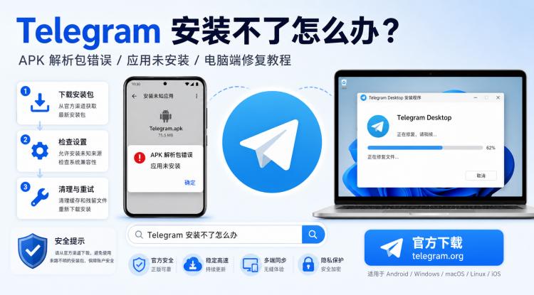 Telegram电报指南: Telegram 安装不了怎么办?APK 解析包错误与电脑端修复教程